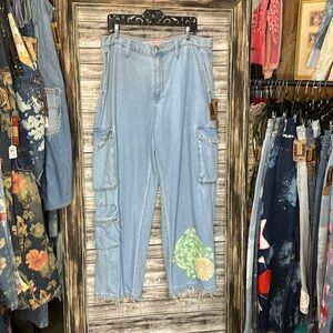UpCycled Recycled Reworked Repurposed Handmade Wide Cargo Leg Denim Jeans Plus